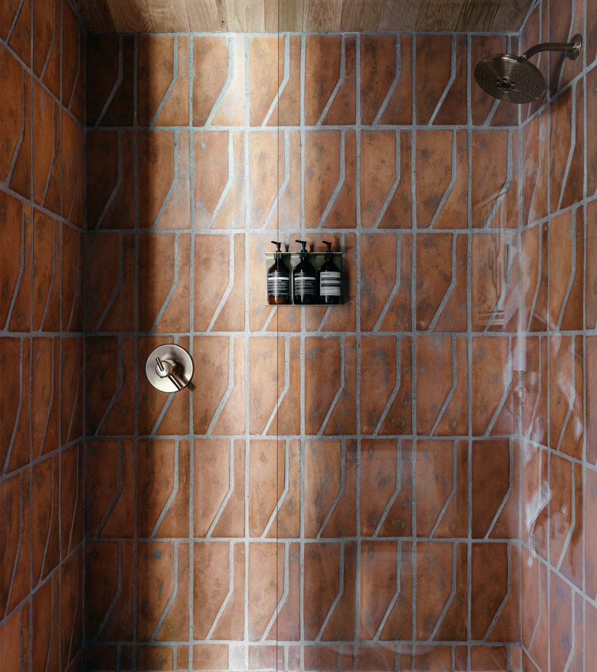 The Zocalo + Fired Earth tiles by Zia Tile create a handmade brown geometric shower, paired with a round wall-mounted showerhead, control knob, and three black toiletries bottles on a shelf in a sunlit San Miguel de Allende-inspired space.