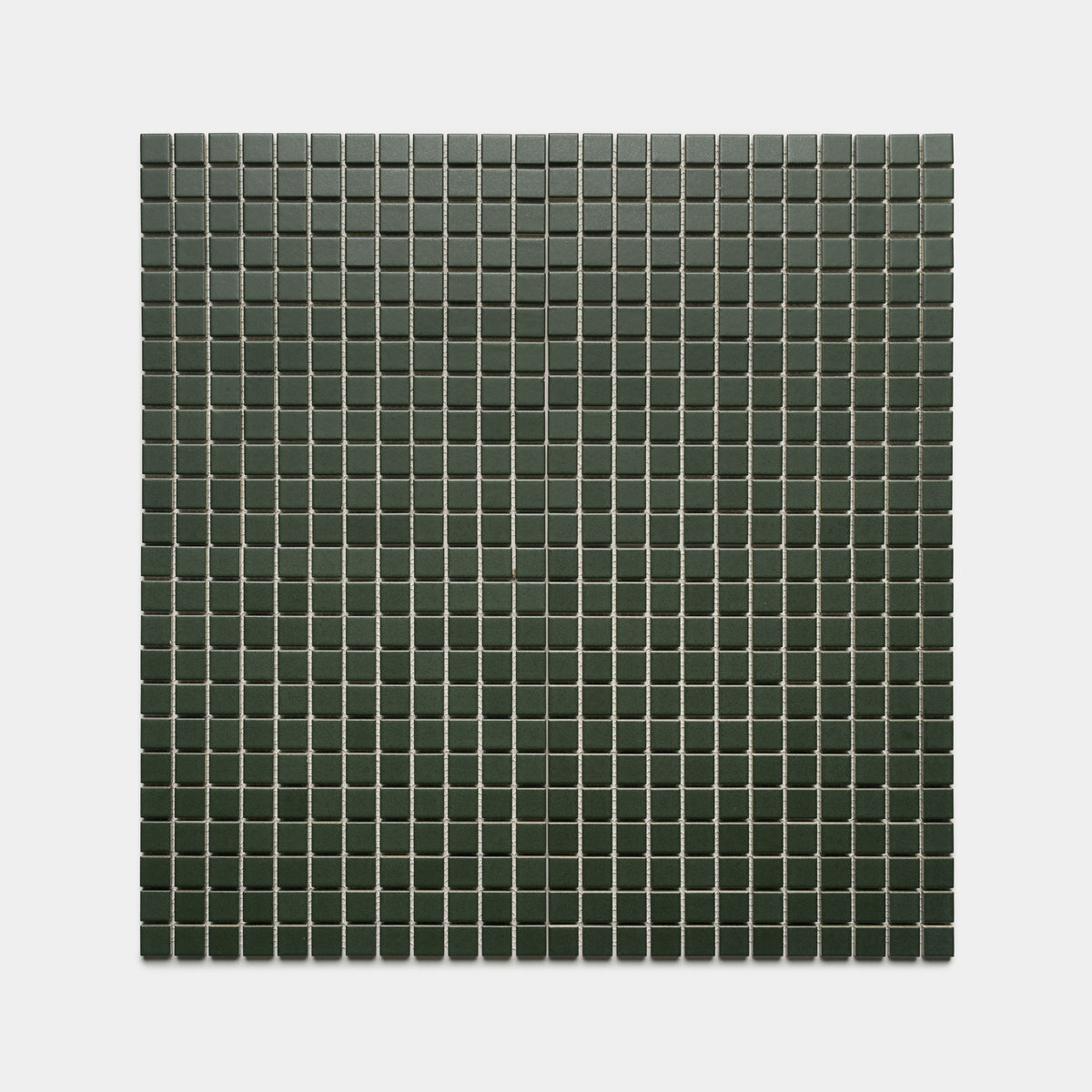 The Fraser 1x1 by Zia Tile features a square grid of small, dark green tiles with even spacing, arranged on a white background.