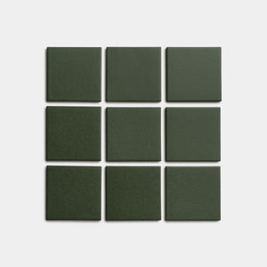 Nine Fraser 4x4 dark green square tiles by Zia Tile are arranged in a three-by-three grid on a plain white background.