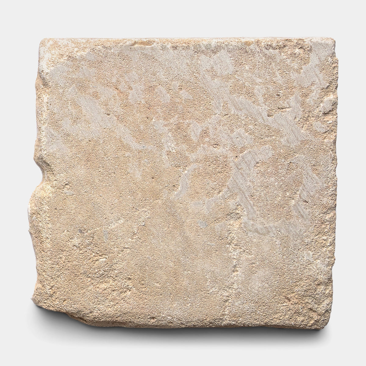 The French Cobblestone Sample by Zia Tile is a square stone tile with rough, uneven edges and a textured, sandy beige surface, shown against a plain white background.