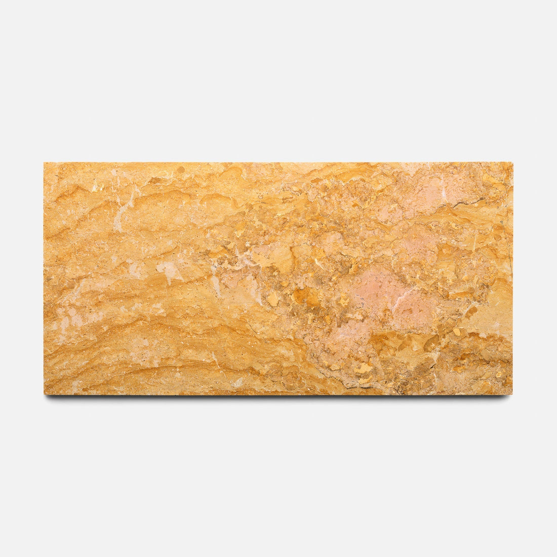 The Giallo Reale 12x24 by Zia Tile is a rectangular yellowish-orange marble slab with natural textured patterns and subtle color variations, displayed against a plain white background.