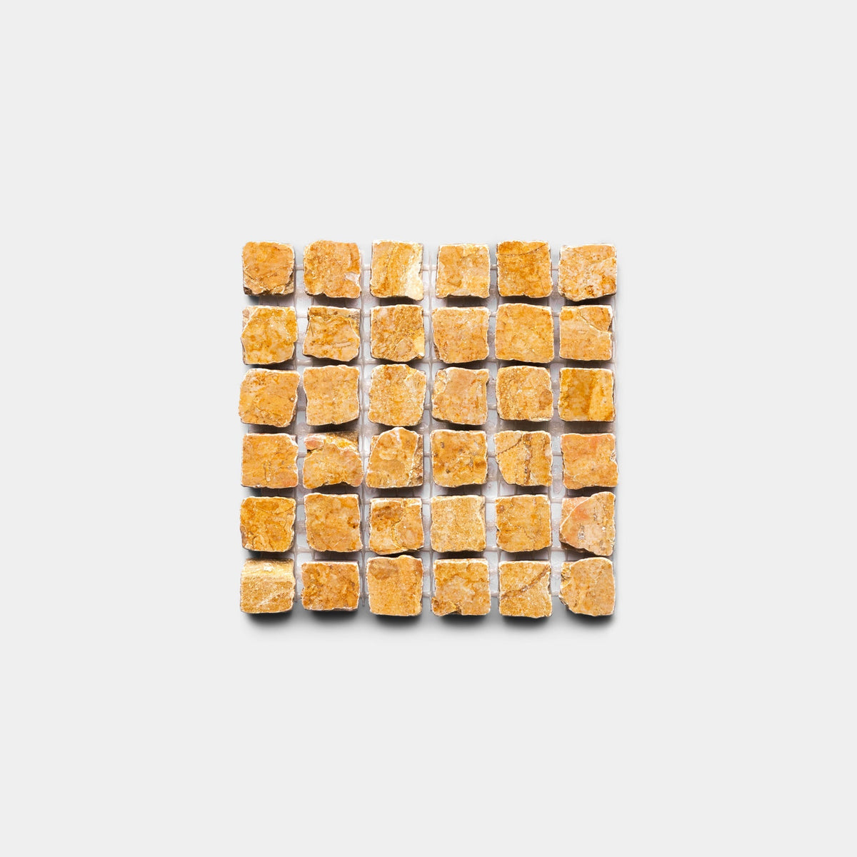 A grid of 36 small, square, orange-yellow Giallo Reale 5/8 tiles by Zia Tile, arranged neatly on a white background.