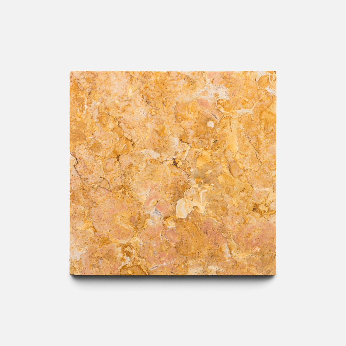 The Giallo Reale 6x6 tile sample by Zia Tile features a marbled orange and yellow pattern with natural, irregular veins and textures, shown on a plain white background.