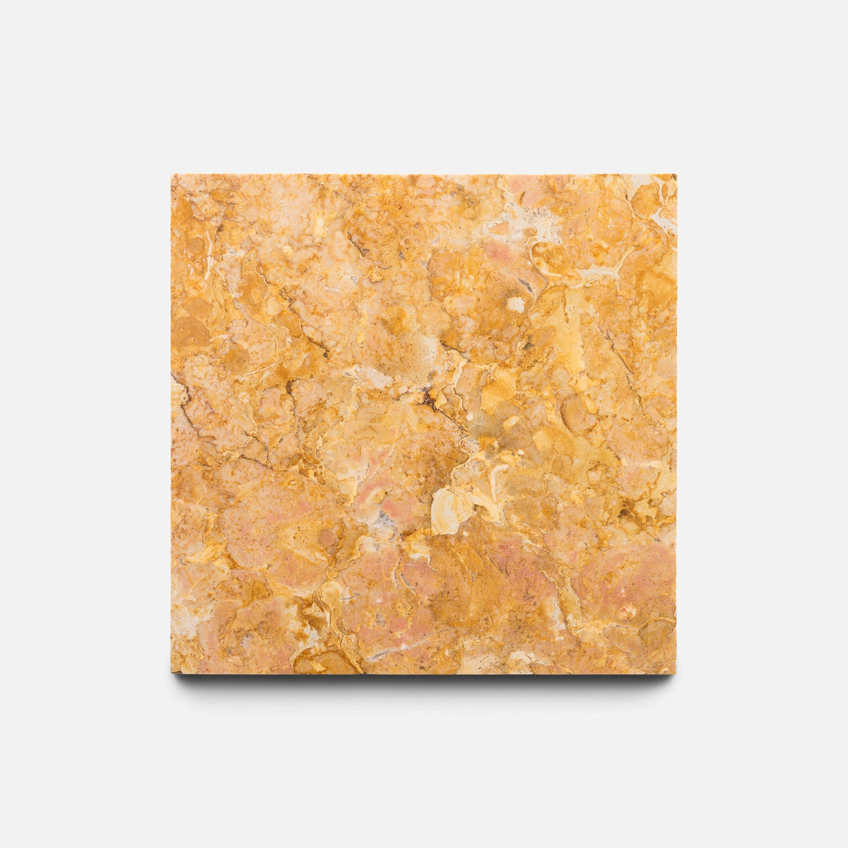 The Giallo Reale 6x6 tile sample by Zia Tile features a marbled orange and yellow pattern with natural, irregular veins and textures, shown on a plain white background.