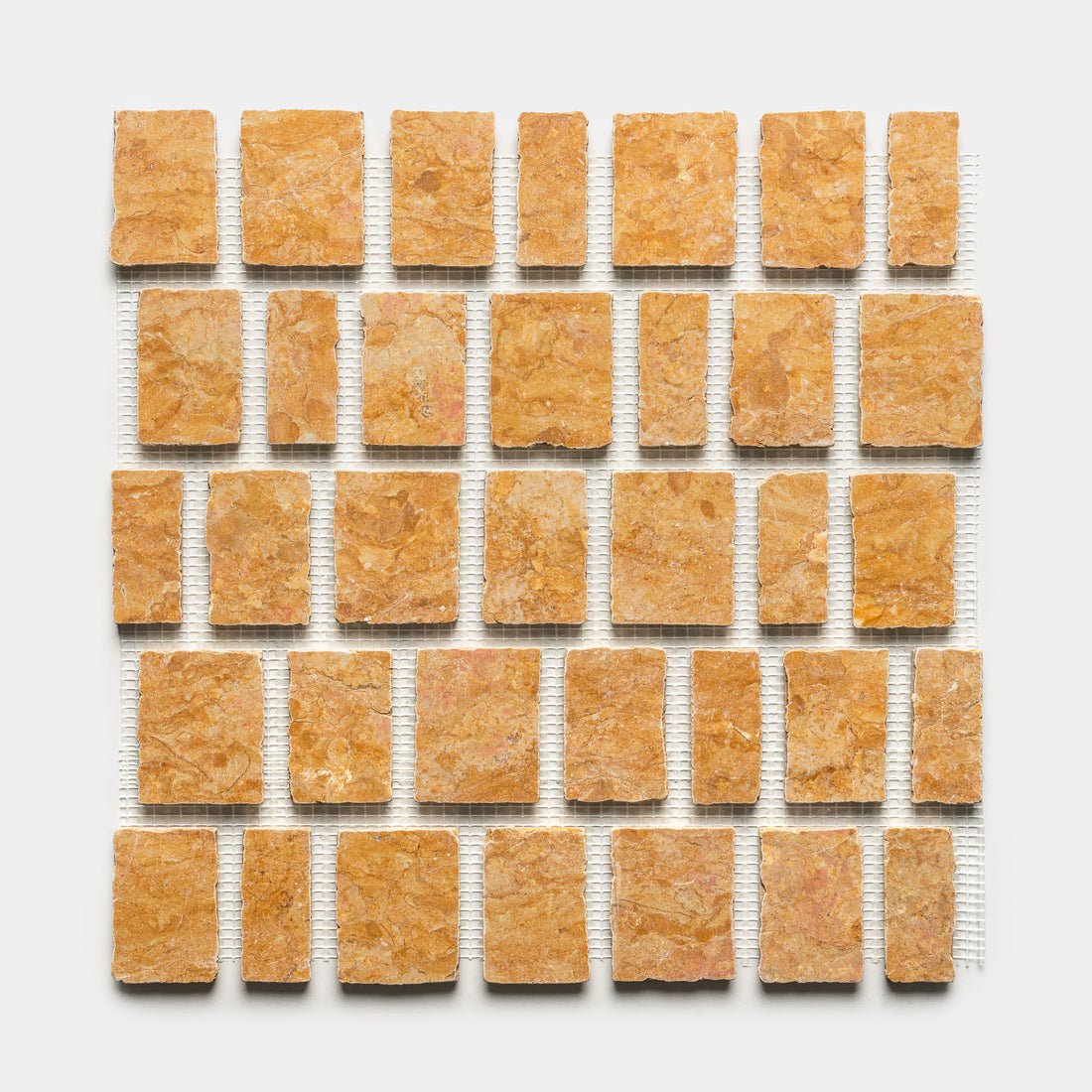 Scarpa in Giallo Reale by Zia Tile features square, textured orange-brown tiles arranged evenly on white mesh backing and displayed against a plain white background.