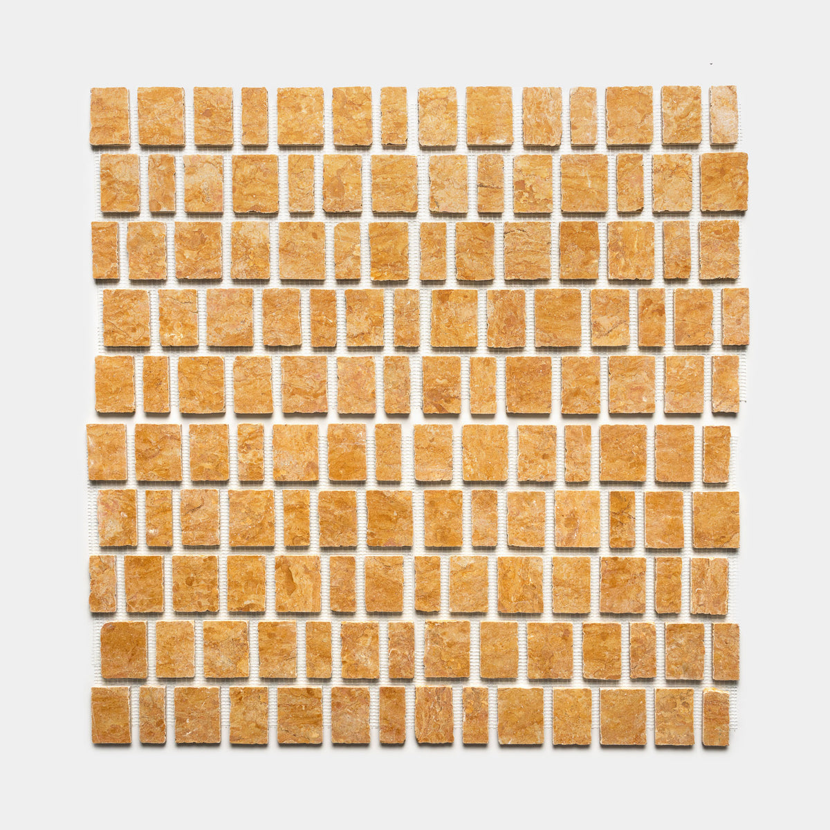 The Scarpa in Giallo Reale by Zia Tile features small, yellowish-brown stone tiles arranged in a square sheet with evenly spaced tiles forming a uniform geometric grid on a white background.
