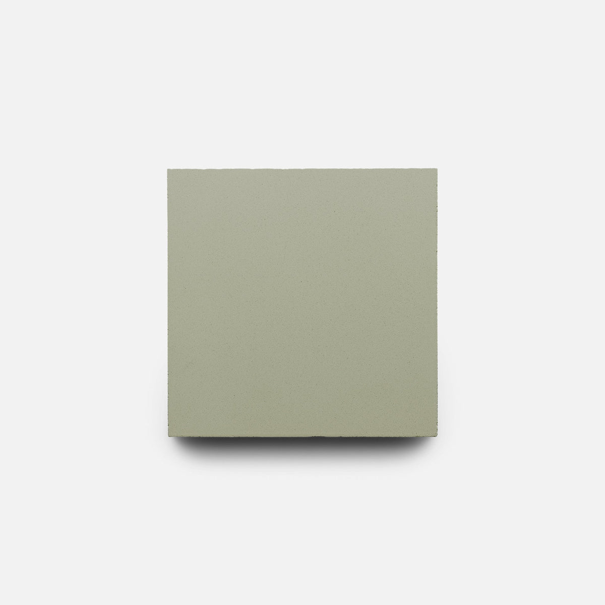 A Gypsum 4x4 sample tile by Zia Tile, in a simple light olive green, is centered on a white background, highlighting the brand’s artisanal craftsmanship.