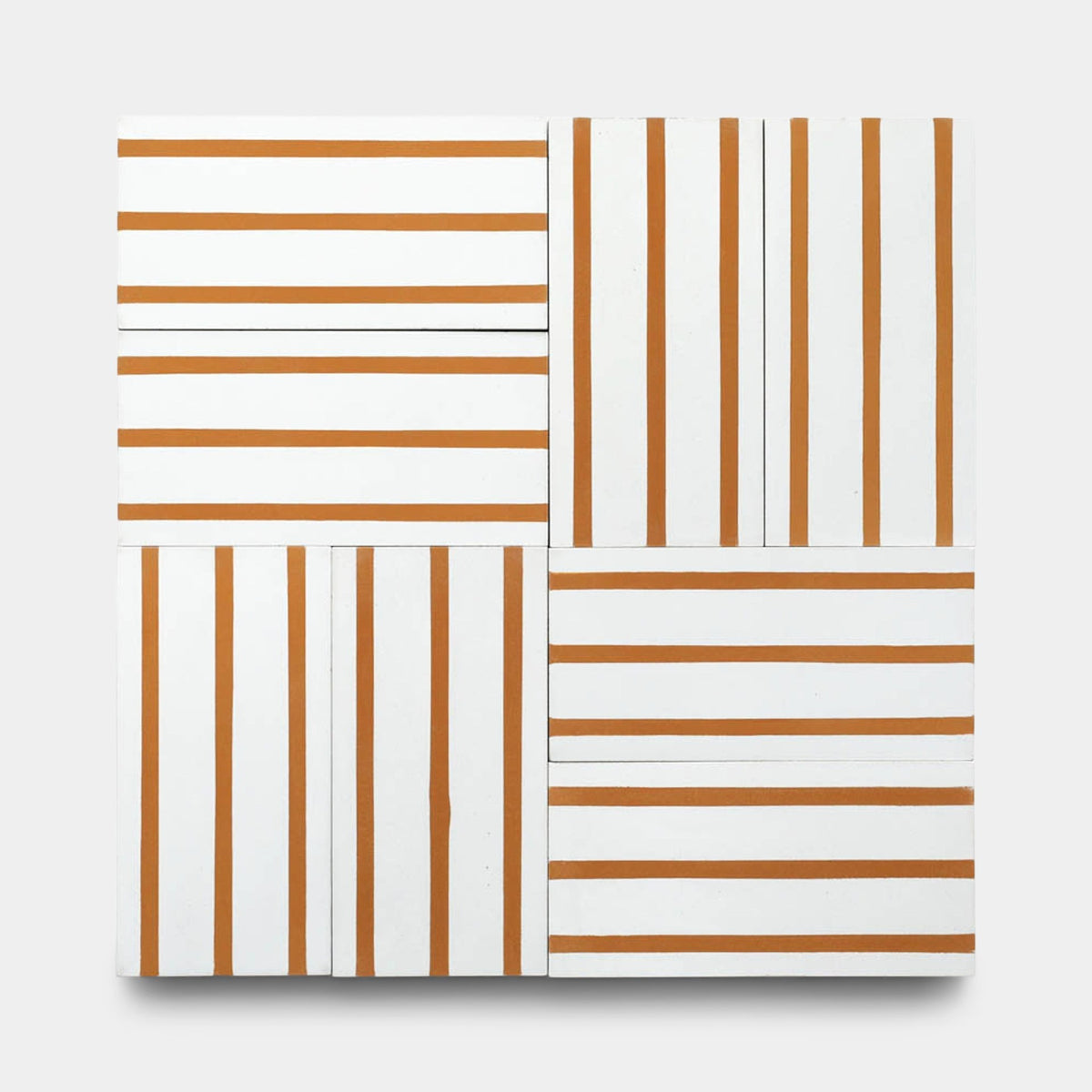 A square of six Zia Tile High Line Ginger 4x8 samples, each handmade with white and brown stripes in various directions, creates a geometric pattern of intersecting horizontal and vertical lines.