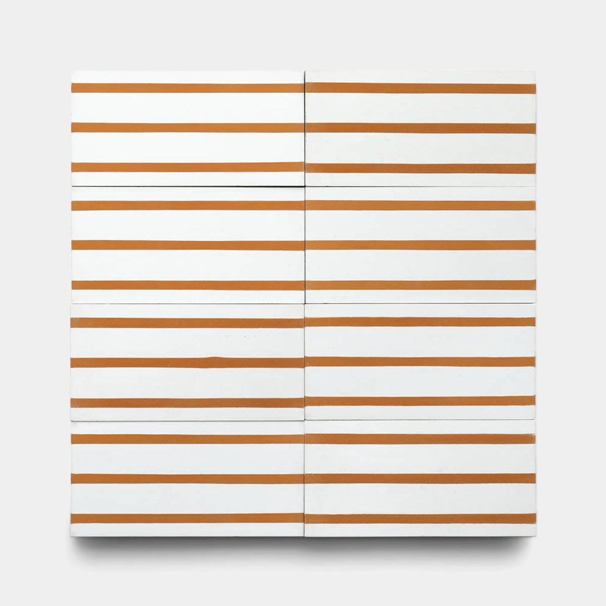 The High Line Ginger 4x8 sample by Zia Tile showcases white handmade tiles with thin, evenly spaced horizontal brown stripes, split vertically for a mirrored effect. The artwork is square with a plain light gray background.