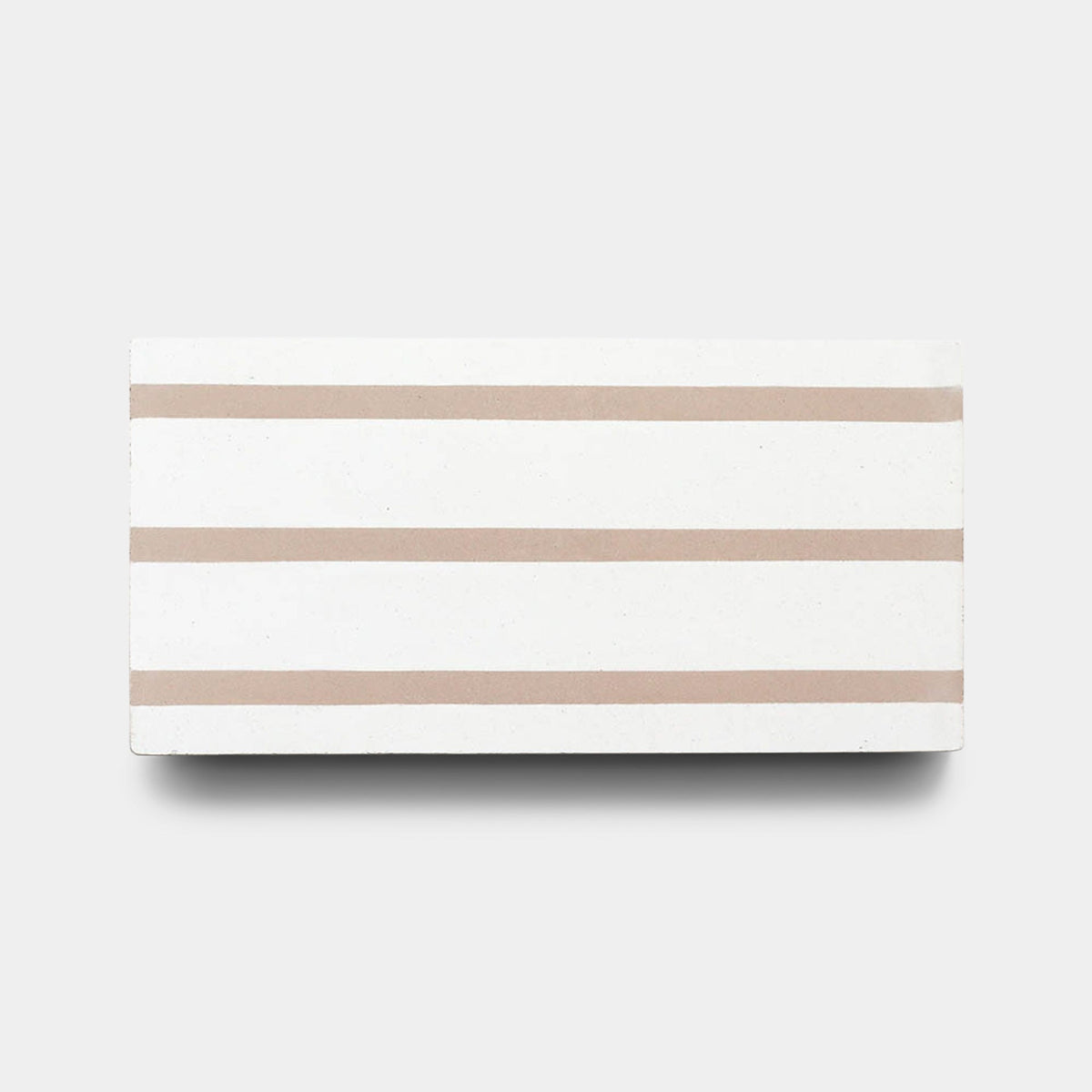 The Zia Tile High Line Jaipur Pink 4x8 sample is a handmade rectangular tile with four evenly spaced horizontal beige stripes, shown on a plain light gray background.