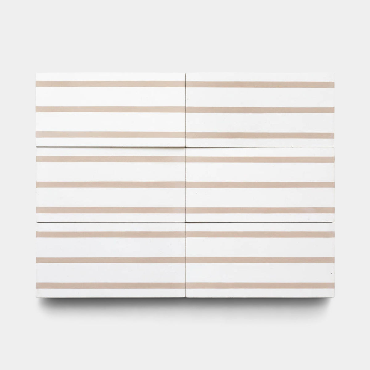 A rectangular, minimalist white cabinet with thin, evenly spaced horizontal beige lines across its four-panel front, inspired by Zia Tile’s High Line Jaipur Pink 4x8 sample, set against a plain light gray background.