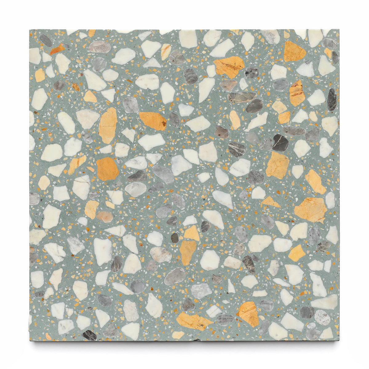 The Zia Tile Idyllwild 6x6 Sample features a gray terrazzo base with white, gray, brown, and gold stone chips in a polished finish—ideal for adding a decorative touch to modern interiors.