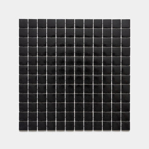 A grid of evenly spaced Jet Black 1x1 tiles by Zia Tile, each with a glossy finish, is arranged on a white background to create a rectangular mosaic pattern.