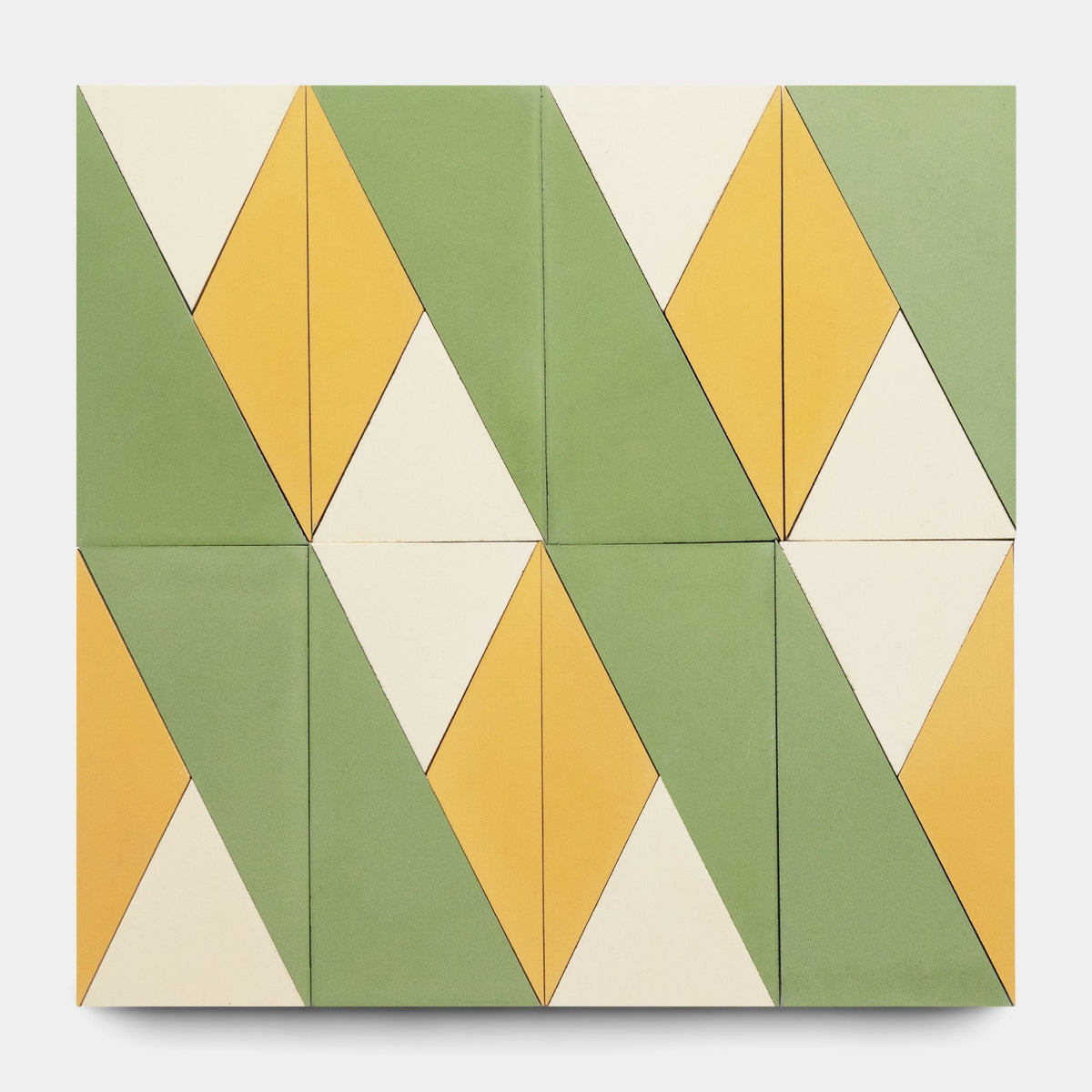 The Kepler Set Two, Sample by Zia Tile features geometric wall art with a repeating triangle design in green, yellow, and cream on a rectangular canvas, inspired by handmade tile patterns for a bold, symmetrical look.