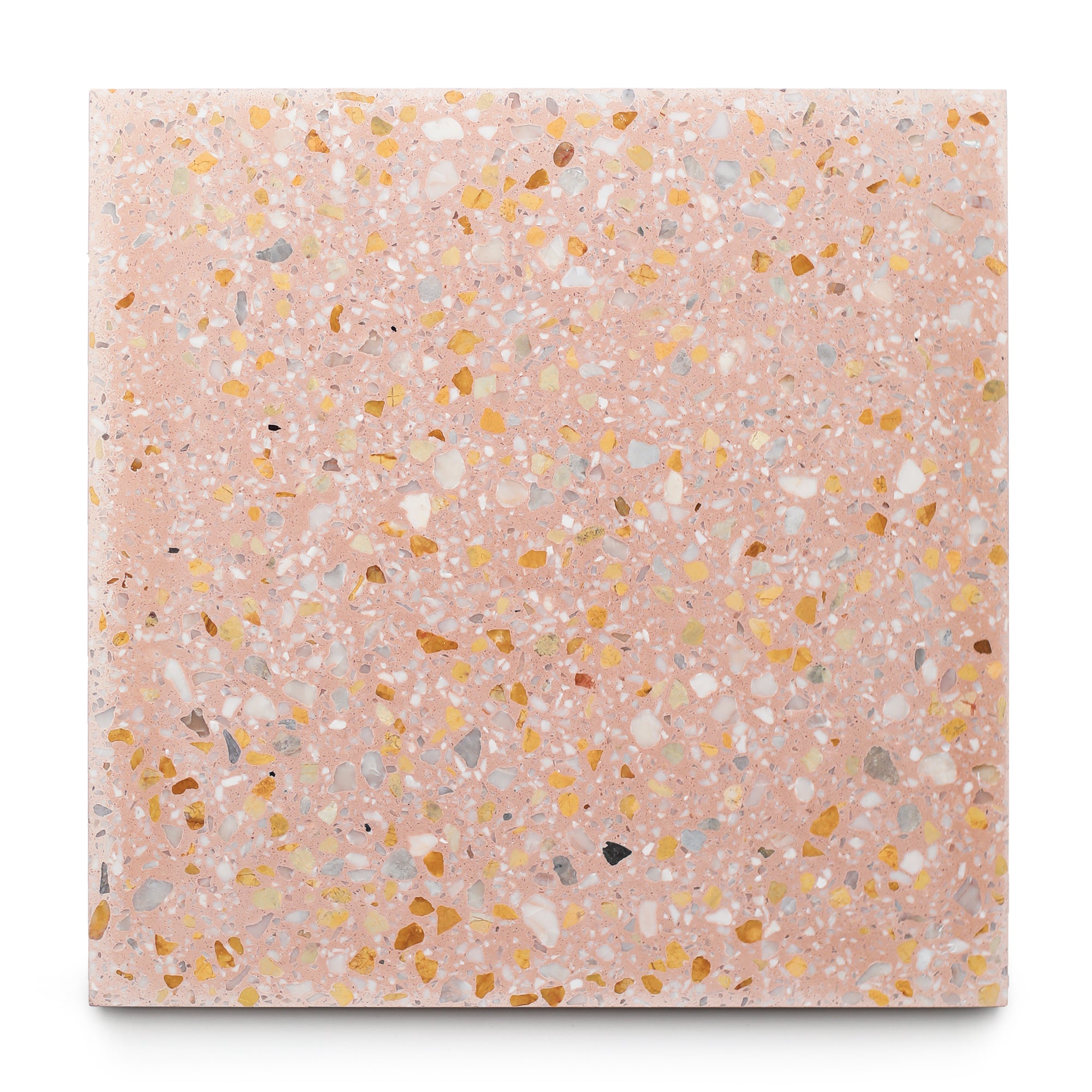Las Palmas 6x6 Sample by Zia Tile: a square pink terrazzo tile with yellow, white, and gray stone and marble chips on a white base. A unique handmade accent for any space.
