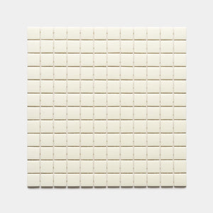 A square grid of Zia Tile’s Milk 1x1, Sample—small, cream-colored tiles—arranged evenly on a plain white background.