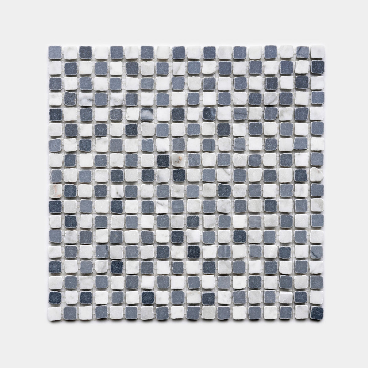 The Mini Check in Carrara + Bardiglio Imperiale by Zia Tile is a square sheet of small, glossy mosaic tiles in a grid with alternating white, gray, and black shades on a light background.