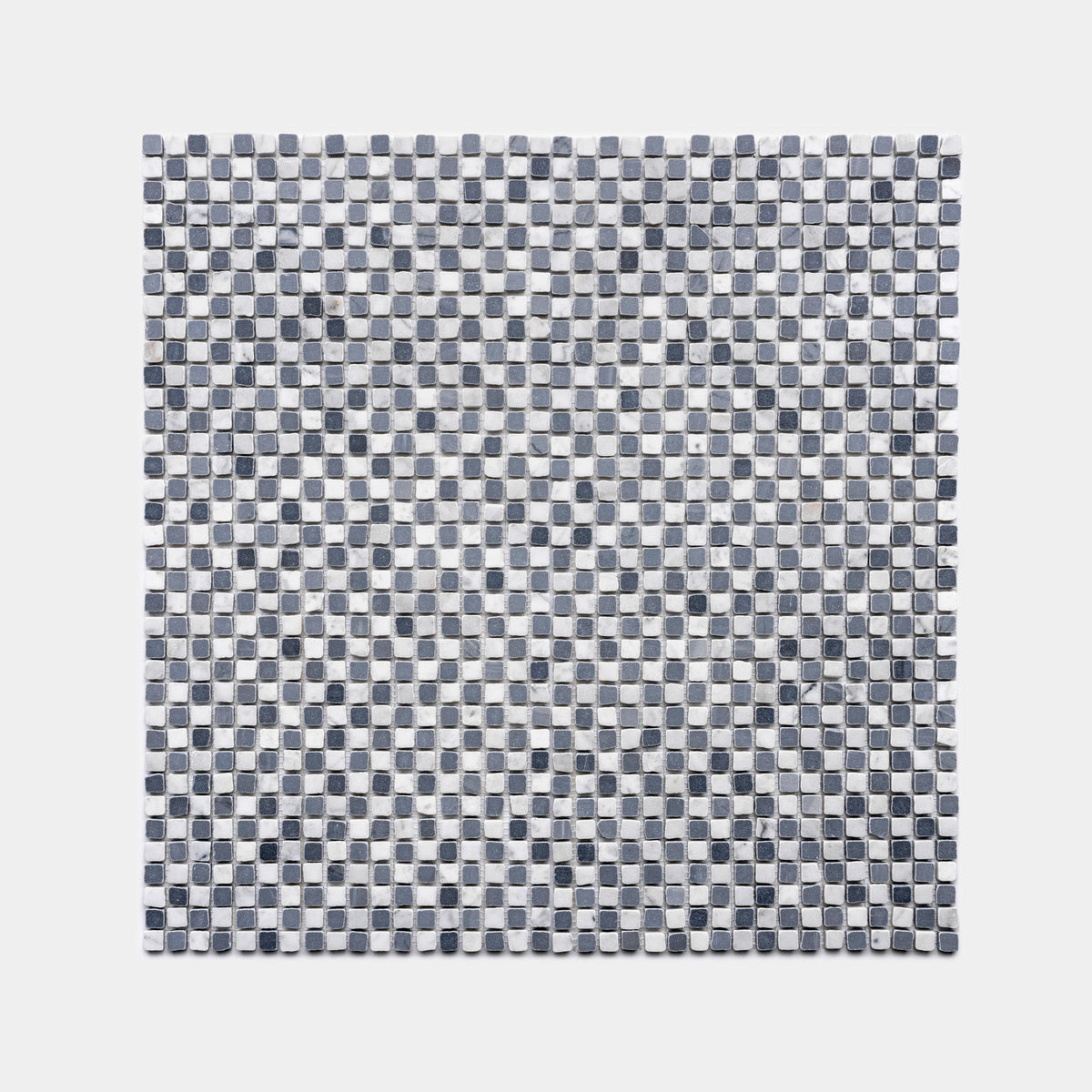 The Mini Check in Carrara + Bardiglio Imperiale by Zia Tile is a square mosaic tile sheet with a classic checkered grid of small black and white tiles.