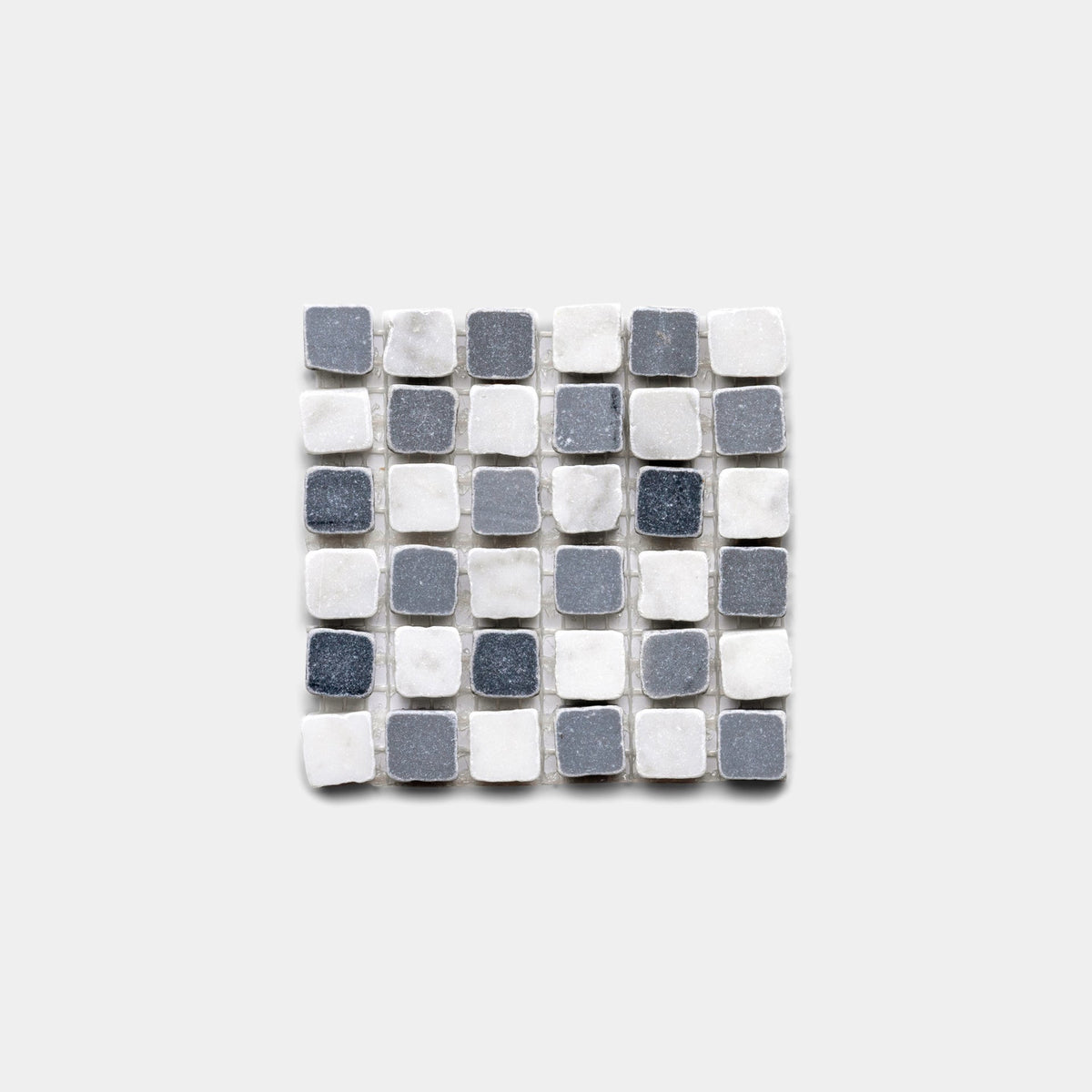 The Mini Check in Carrara + Bardiglio Imperiale Sample by Zia Tile features small white and gray square tiles in a classic checkerboard pattern on a light background.