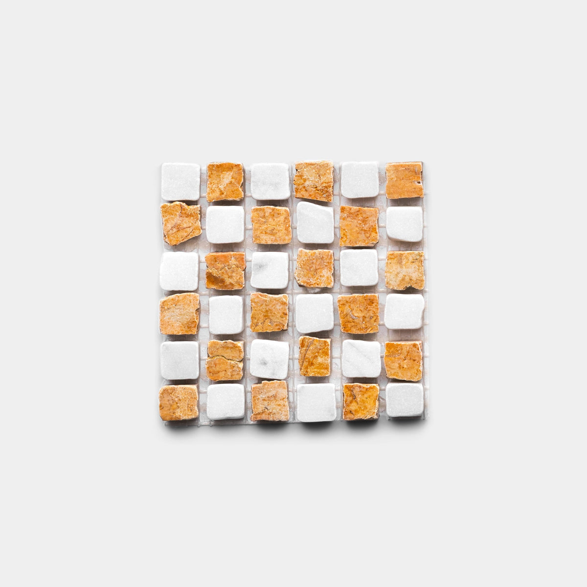 The Mini Check in Carrara + Giallo Reale by Zia Tile is a sample square mosaic tile with alternating white and orange marble-like stones arranged in a grid on a light gray background.