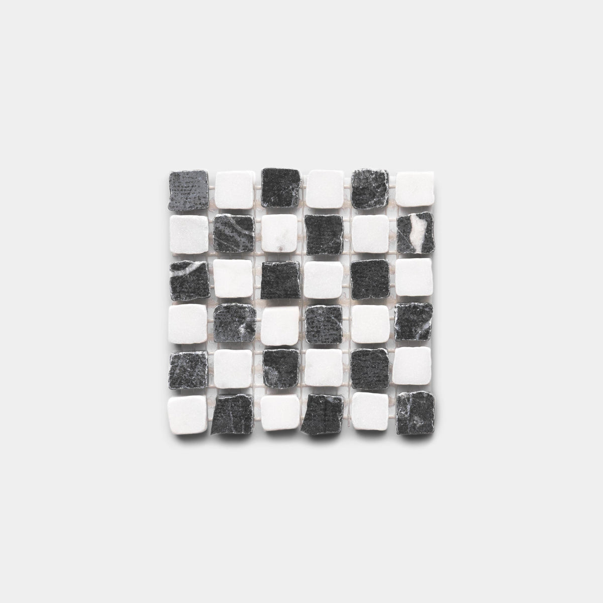 Mini Check in Carrara + Grigio Carnico Sample by Zia Tile: a black and white checkered tile.