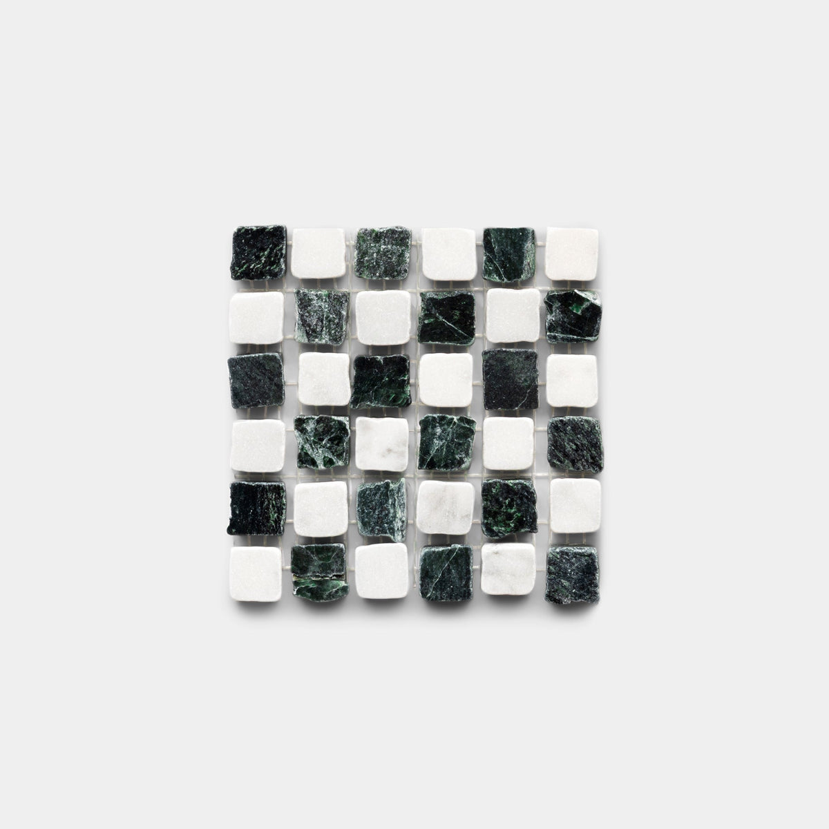 The Mini Check in Carrara + Verde Alpi Sample by Zia Tile features a square mosaic of alternating small green and white tiles arranged in a grid pattern.