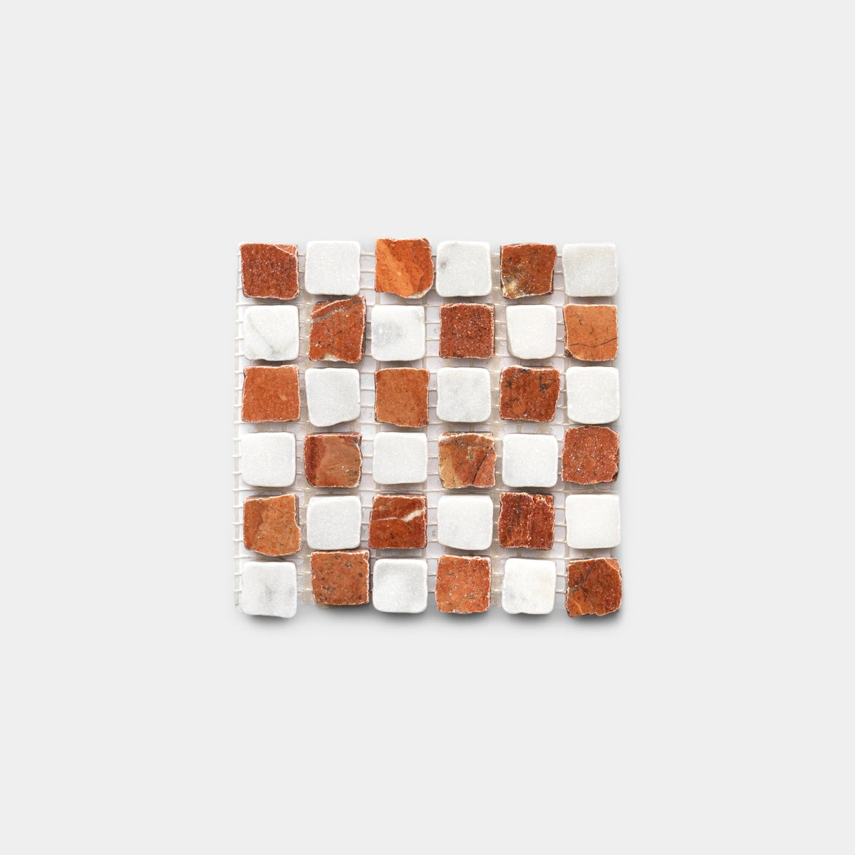 Zia Tile's Mini Check in Carrara + Rosso Alicante Sample features a small-scale checkerboard mosaic with red and white stone tiles on a neutral gray background.