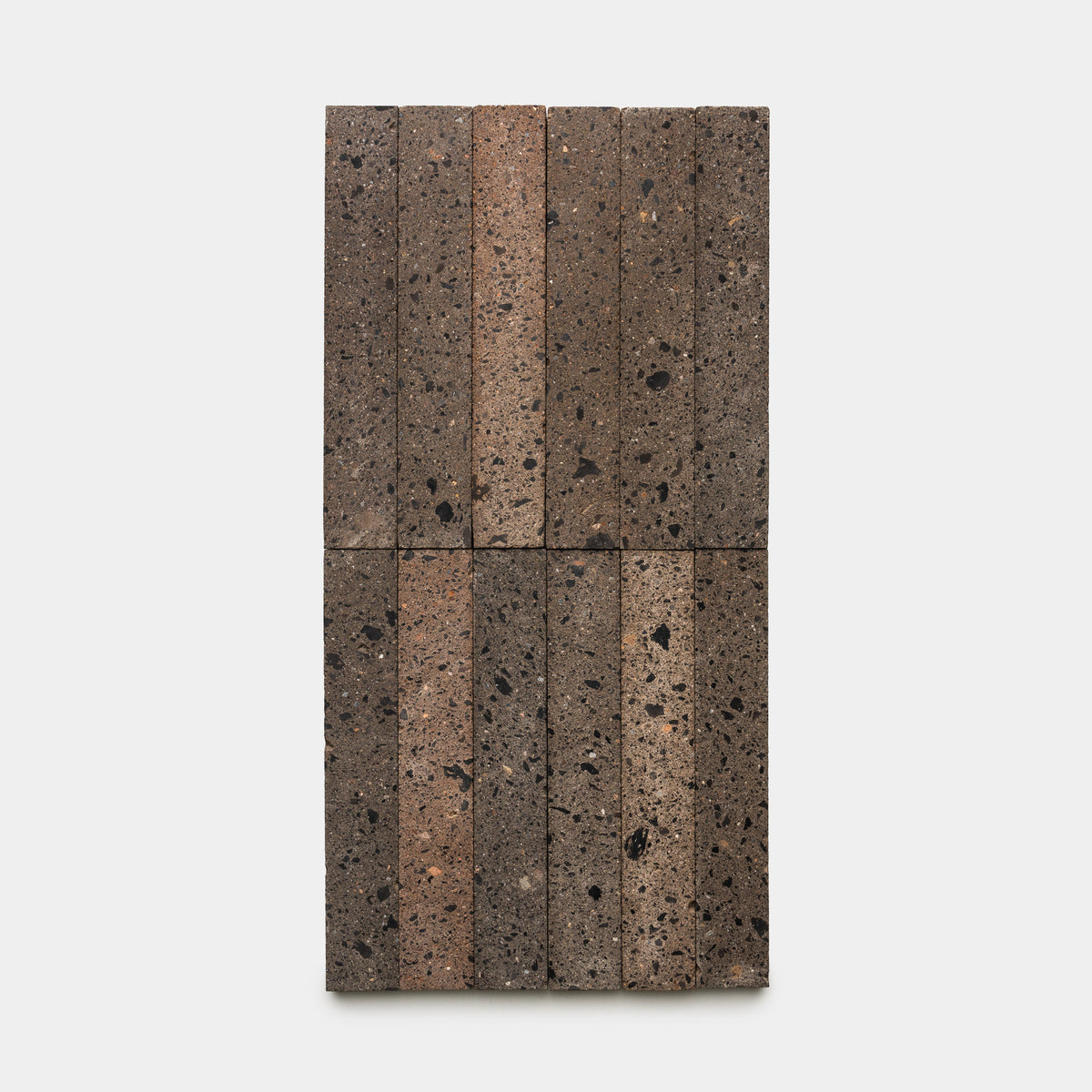 Twelve Moab 2x12 volcanic stone tiles by Zia Tile, in various brown shades with speckles, are arranged in two neat horizontal rows against a plain white background.