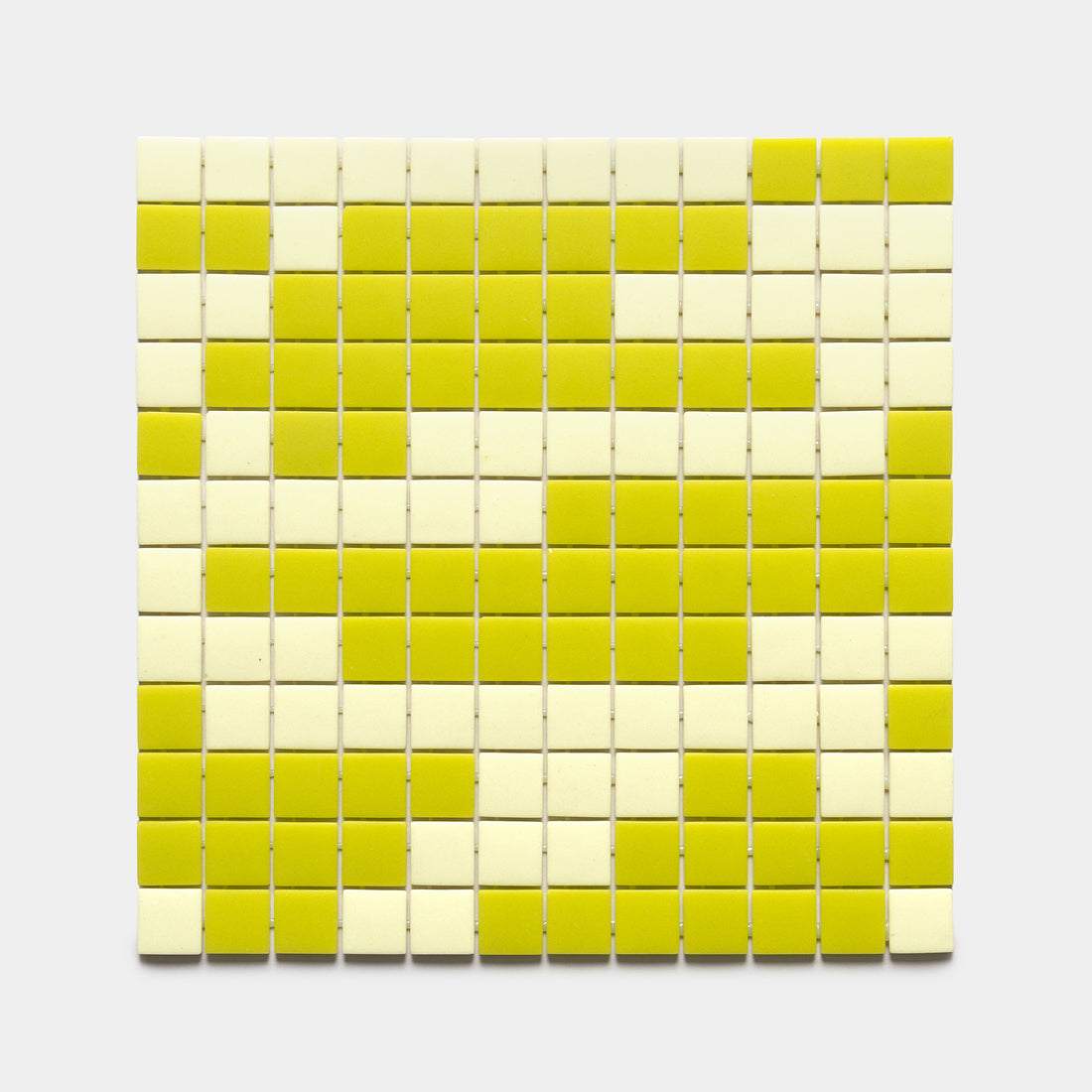 The Zia Tile Murano Lemon Drop + Kiwi Sample features a grid of small square tiles in alternating yellow and off-white horizontal stripes on a plain white background.