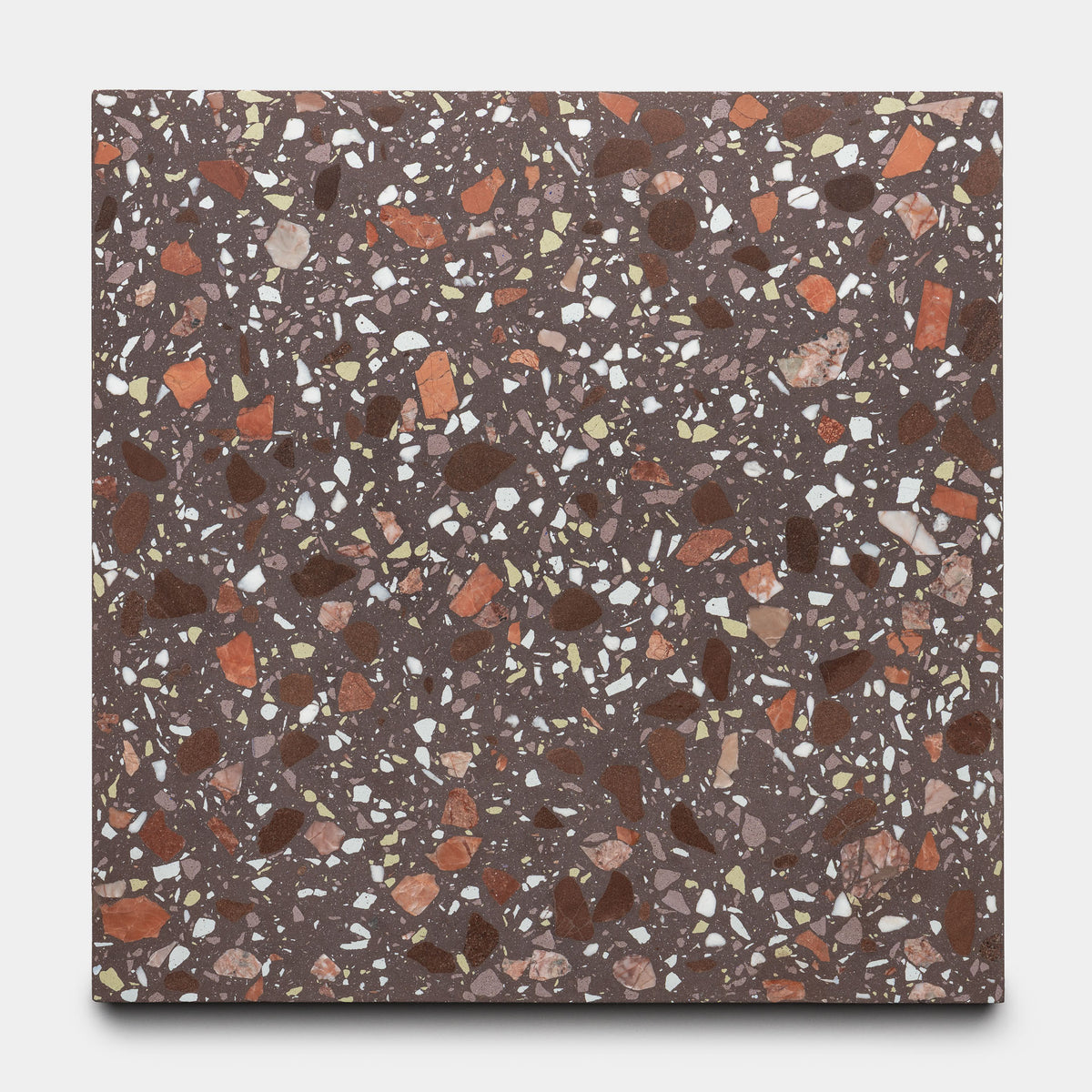 The Nocino 12x12 by Zia Tile is a square terrazzo tile with a dark brown base and scattered chips in earthy red, white, and pale gray tones, featuring an irregular speckled pattern for a textured mosaic look.