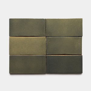Six Oyamel 4x8 Rectangle tiles by Zia Tile, each with a matte olive green finish, are arranged in two rows of three on a plain white background.