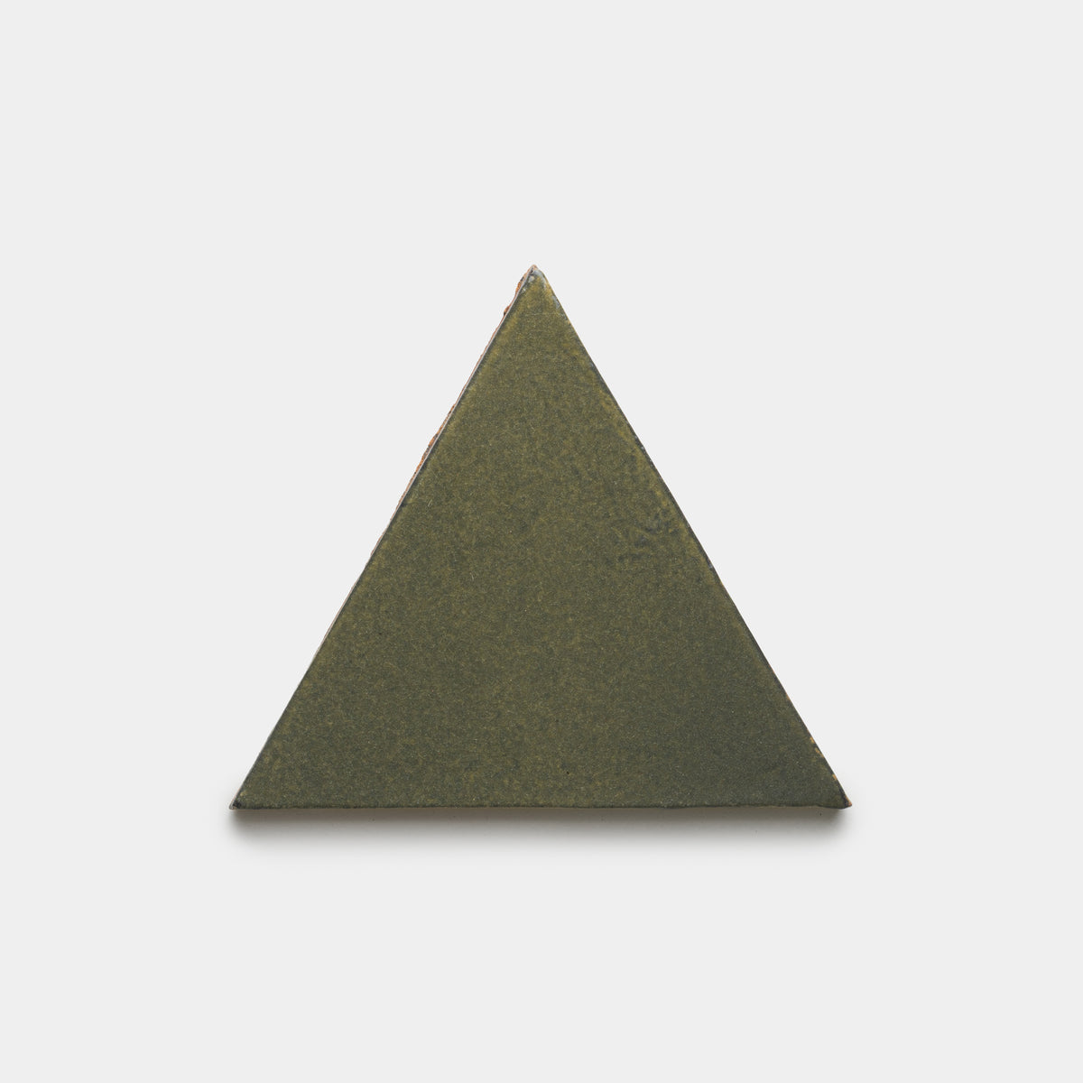The Oyamel Triangle by Zia Tile is a solid, olive-green triangular prism displayed upright against a plain white background.