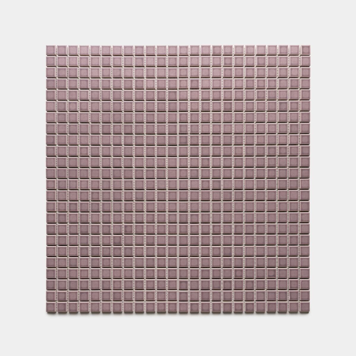 The Patchouli 1x1 by Zia Tile features small, square mauve tiles evenly arranged in a grid on a white background.