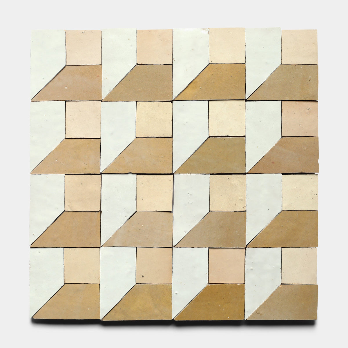 The Perpetual Check 5 sample from Zia Tile features a 16-tile square grid with a geometric beige, cream, and tan pattern that creates a three-dimensional cube illusion on a white background.