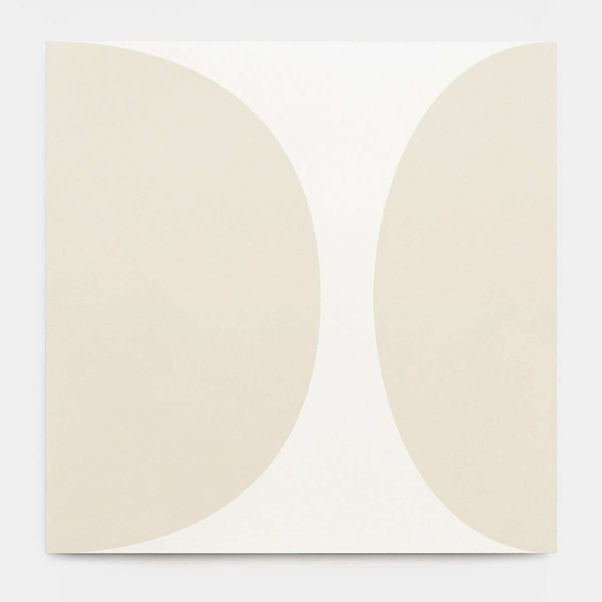 The Pomelo Bone 8x8, Sample by vendor-unknown features a square, tile-inspired canvas with two large symmetrical light beige curves on each side and a vertical white center space, creating an abstract minimalist look.