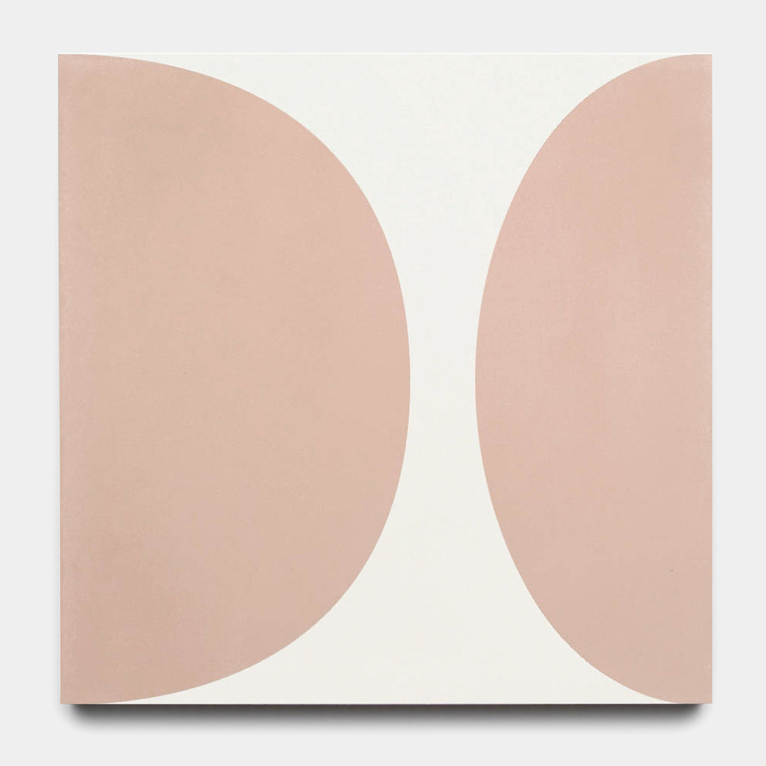 The Pomelo Jaipur Pink 8x8 by vendor-unknown features a minimalist abstract design with two curved beige shapes on a white square tile, inspired by handmade style—ideal for adding geometric flair to your kitchen backsplash.