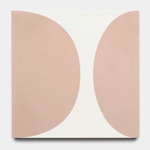 The Pomelo Jaipur Pink 8x8 by vendor-unknown features a minimalist abstract design with two curved beige shapes on a white square tile, inspired by handmade style—ideal for adding geometric flair to your kitchen backsplash.