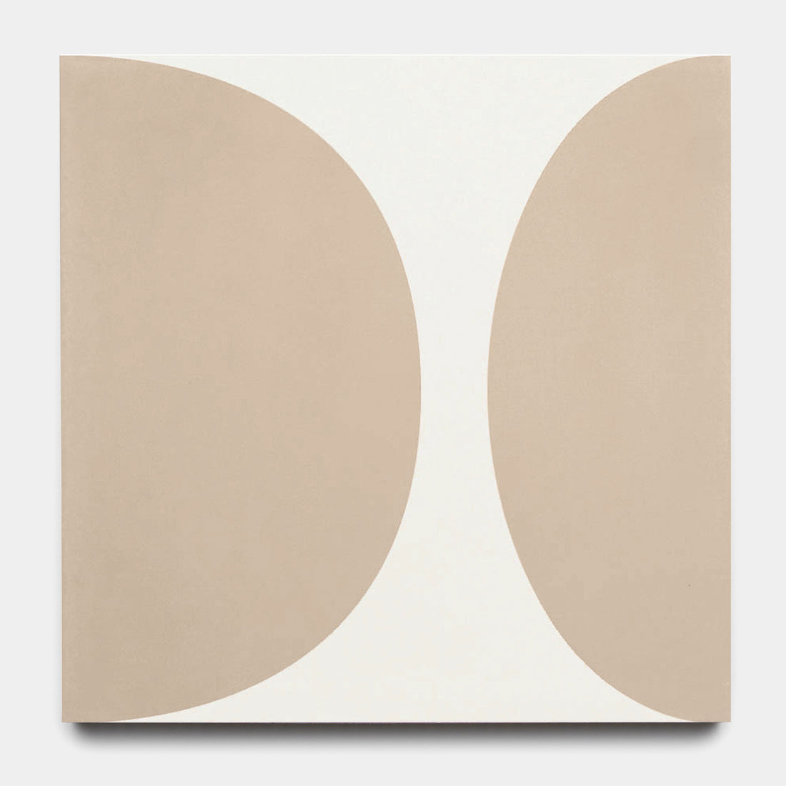 The Pomelo Jaipur Pink 8x8 by vendor-unknown is a square tile with two large, beige, curved shapes facing each other on white, reflecting the symmetrical, minimalist look of midcentury modern cement tiles.