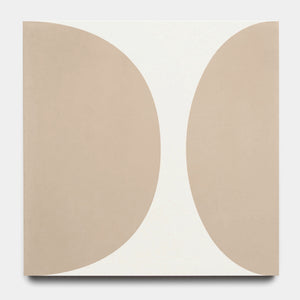 The Pomelo Jaipur Pink 8x8 by vendor-unknown is a square tile with two large, beige, curved shapes facing each other on white, reflecting the symmetrical, minimalist look of midcentury modern cement tiles.