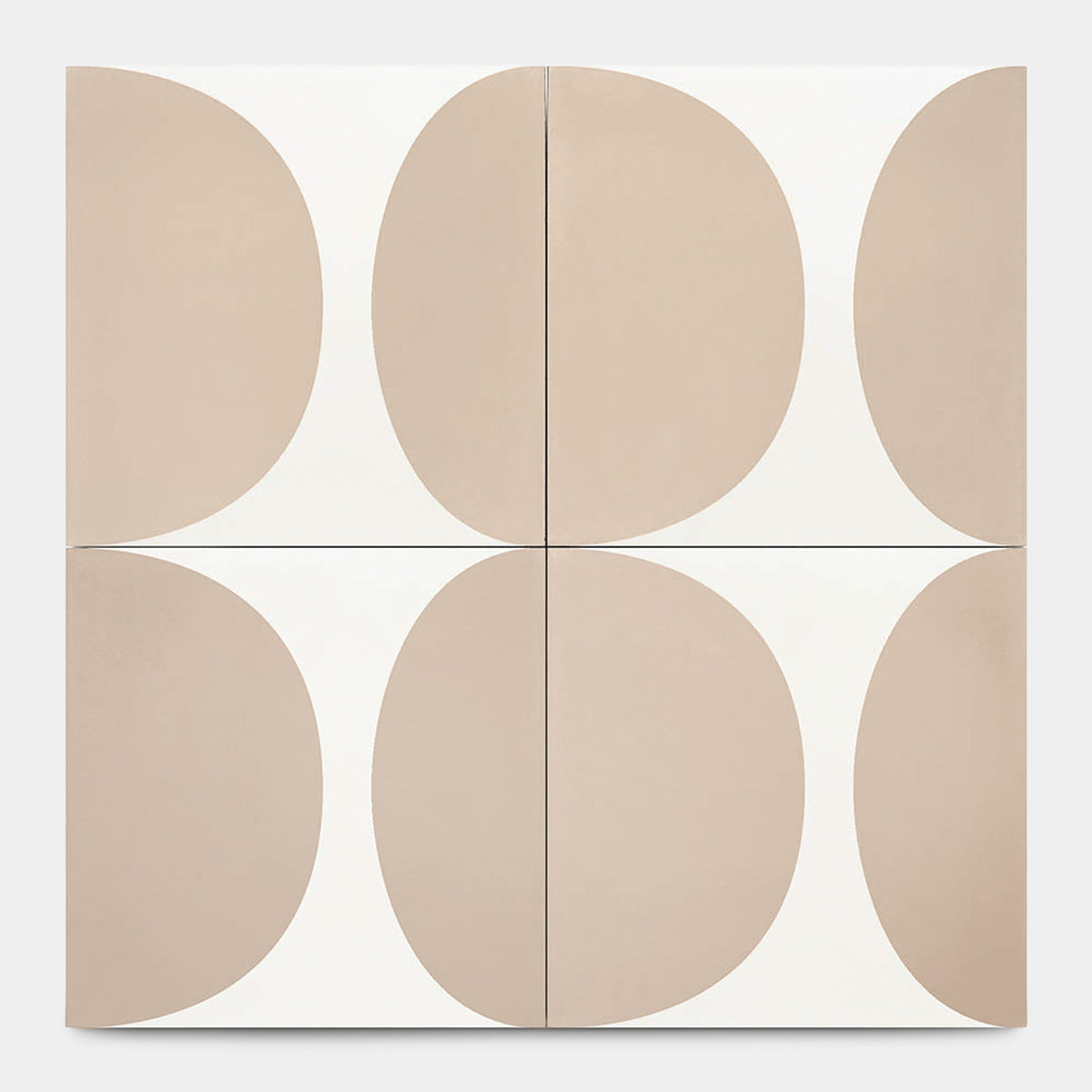 Four Pomelo Jaipur Pink 8x8 handmade cement tiles by vendor-unknown, each with a pink oval on white, arranged in a grid. The inward-facing ovals create a symmetrical geometric pattern, ideal for adding midcentury modern style to any space.