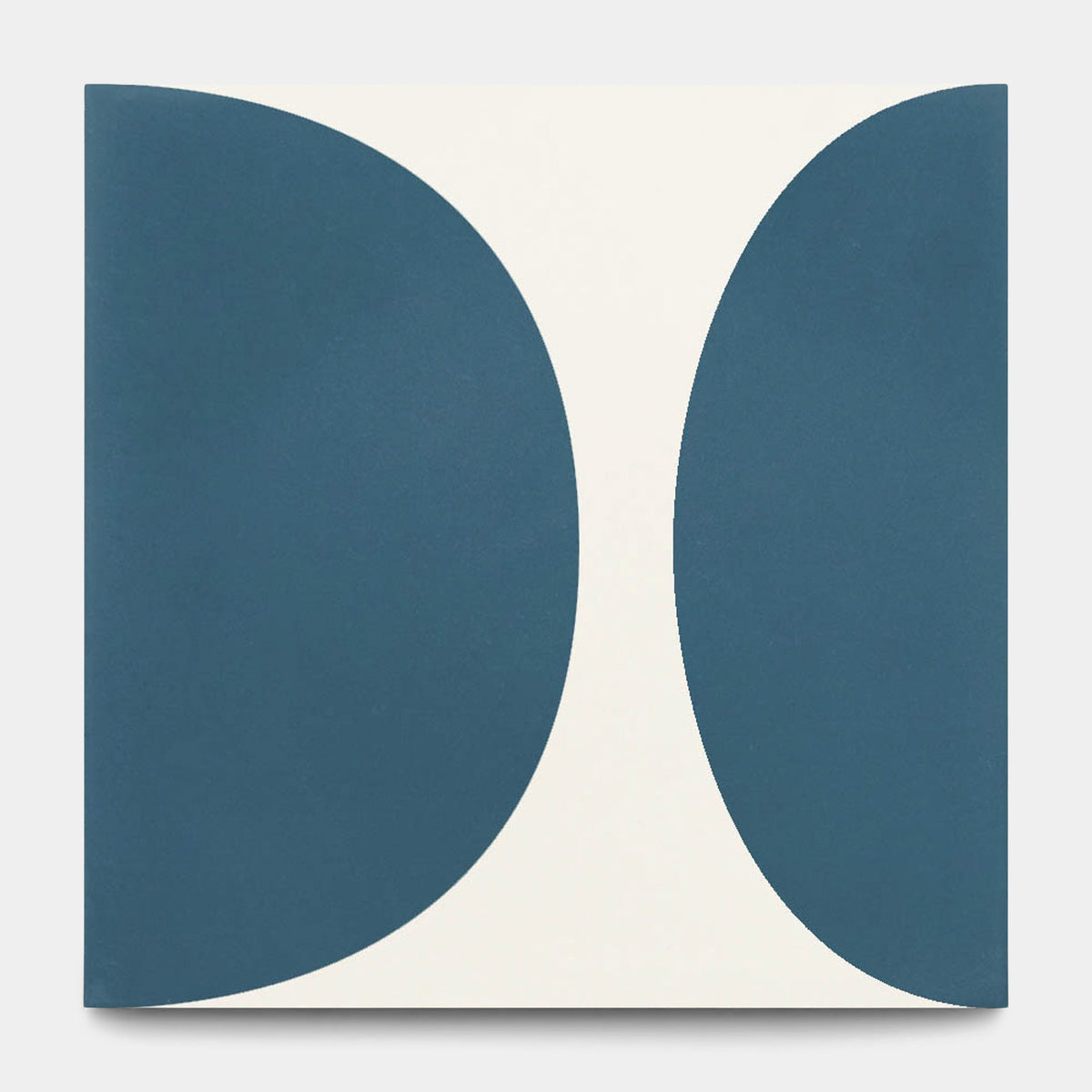 A minimalist artwork featuring two large, curved blue shapes on white, evoking the elegant symmetry of handmade tiles like the Pomelo Midnight 8x8 sample by vendor-unknown.