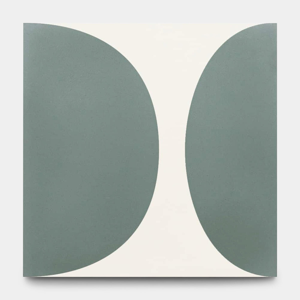 The Pomelo Zeppelin 8x8, Sample by vendor-unknown features a square design with two large, rounded gray-green shapes separated by a white curved space, evoking the subtle artistry of handmade tile in an abstract form.