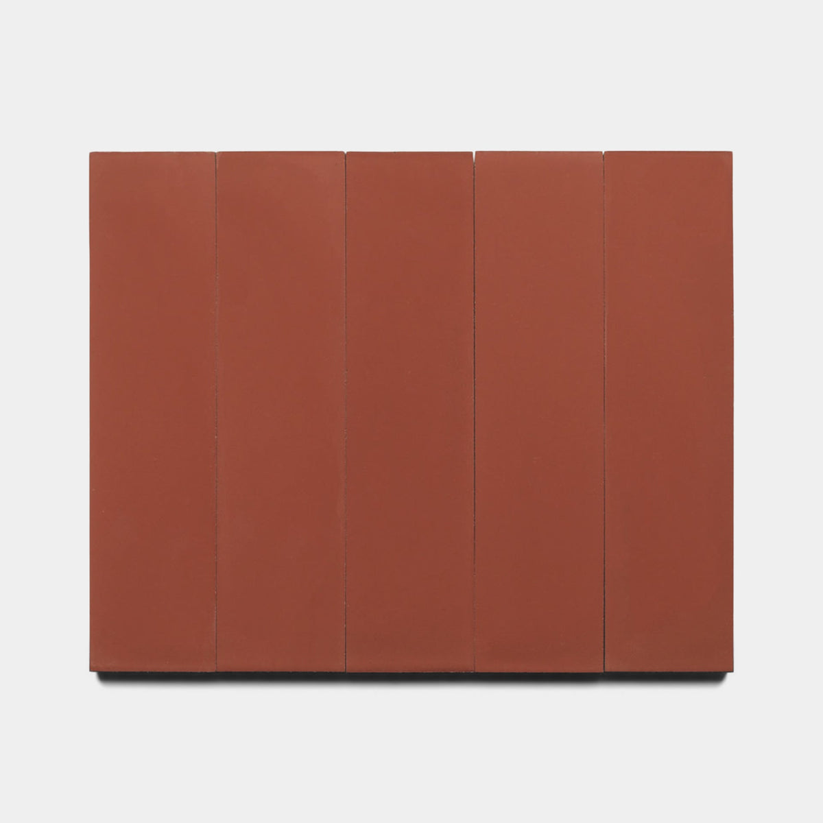 A minimalist artwork displays five evenly spaced, rectangular Zia Tile Pompeii 2x8 samples in a reddish-brown hue set against a plain white background.