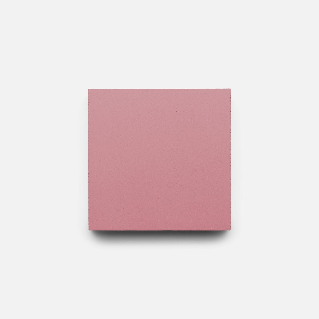 A solid pink Protea 4x4 tile sample by Zia Tile is centered on a white background, evoking the look of a handmade tile.