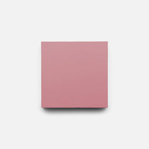 A solid pink Protea 4x4 tile sample by Zia Tile is centered on a white background, evoking the look of a handmade tile.