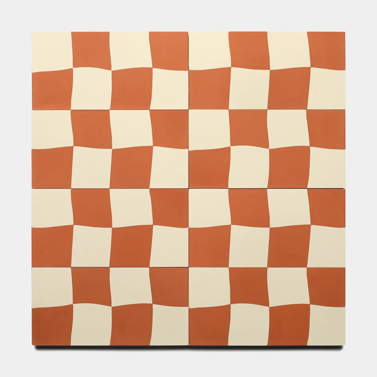 The Reality Check Rust 4x8 sample by Zia Tile features a 4x3 grid of twelve tiles with a wavy checkerboard design in terracotta orange and cream, creating a dynamic visual effect—ideal for your next project.