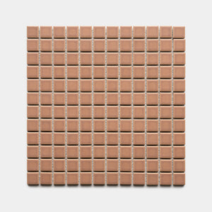 Zia Tile’s Rhubarb 1x1 features a square grid of small, evenly spaced, light brown ceramic tiles arranged in rows and columns on a white background.