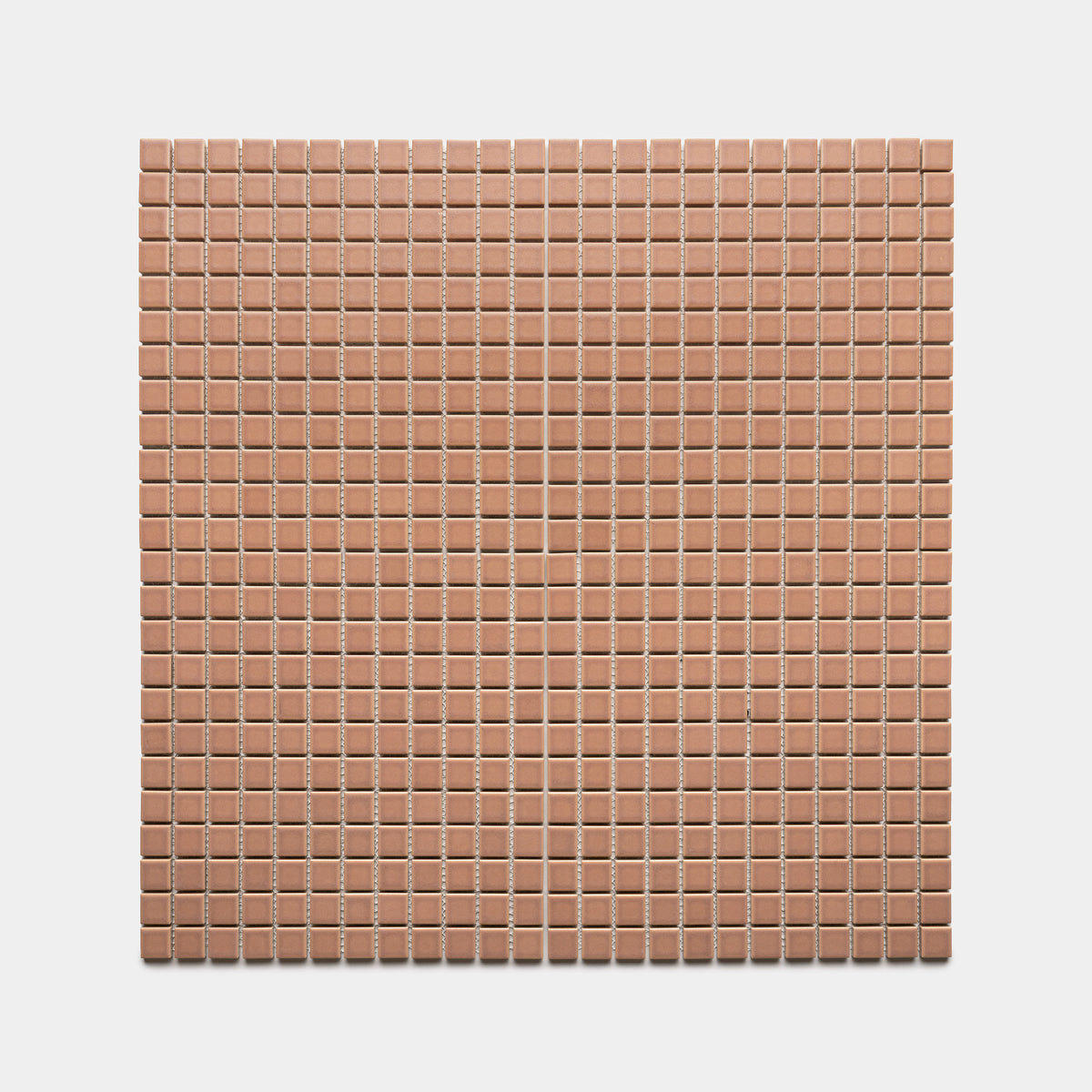 A square sheet of Zia Tile's Rhubarb 1x1 matte terracotta tiles, small and evenly spaced in a grid pattern, displayed against a plain white background.