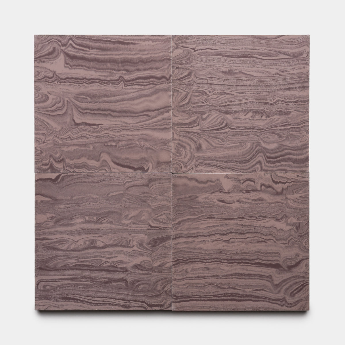 The Zia Tile River Aubergine + Tyrian 8x8 features two rectangular panels with a wavy, marbled brown and taupe pattern placed side by side against a white background, forming a continuous yet gently divided abstract design.