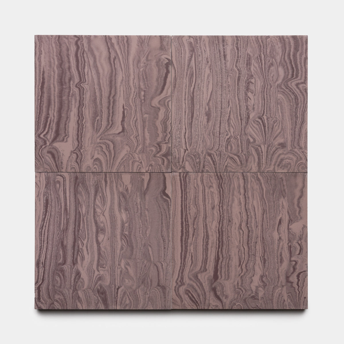 River Aubergine + Tyrian 8x8 by Zia Tile features two square panels with a wavy, woodgrain-inspired marbled pattern in mauve and brown tones, divided horizontally over a light gray background.